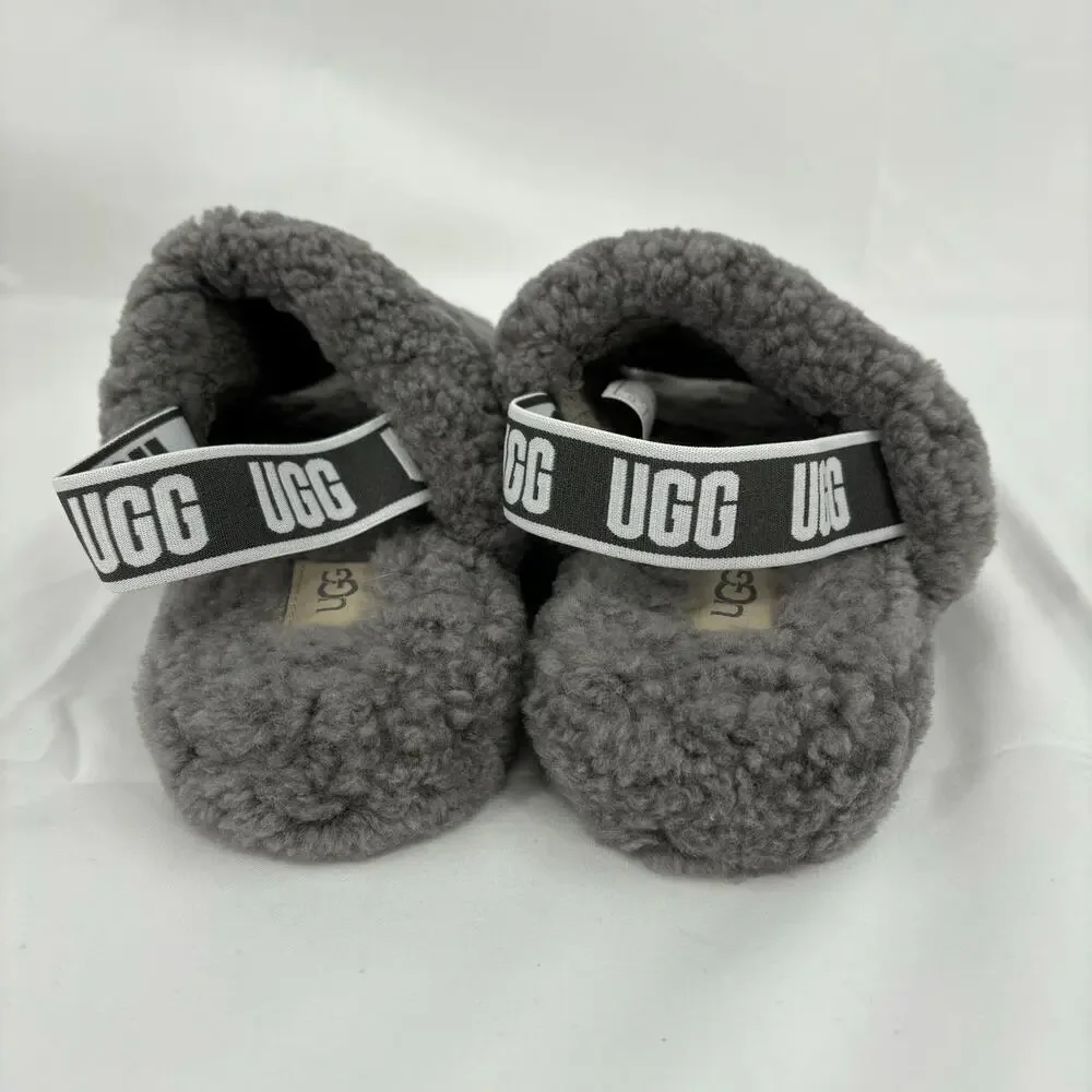 UGG Fluff‎ Yeah Slide Slippers Kids Size 3 Charcoal Gray Sheepskin Rubber Sole